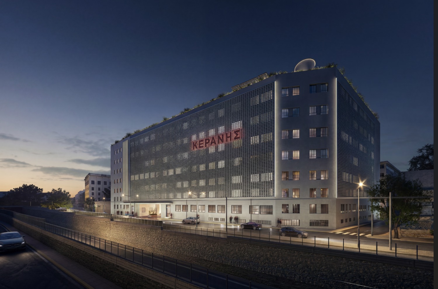 Evening rendering of the redeveloped Keranis building in Piraeus